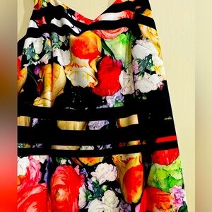 Adriana Pappell vibrant flower design fabric, black shoulder straps. Size 12